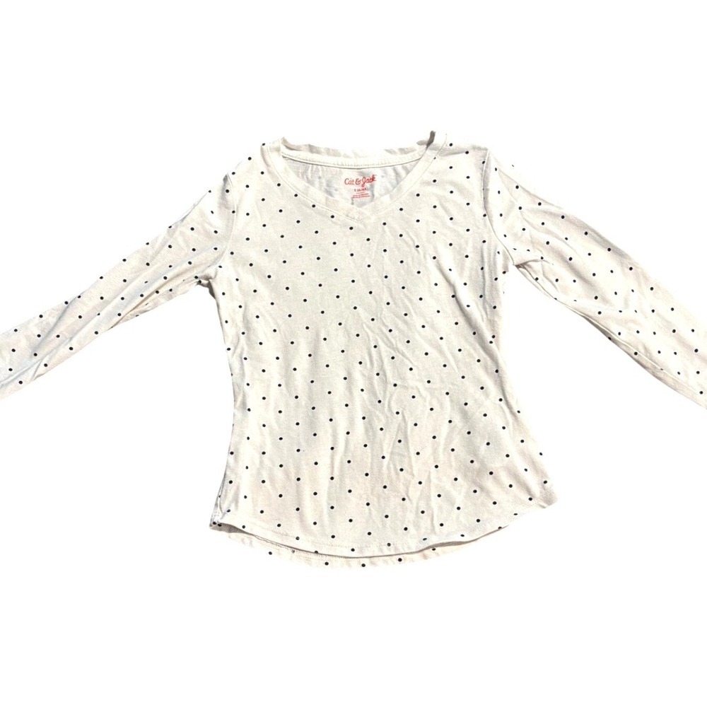 Cat & Jack Girls White Polka Dot V-Neck Long‎ Sleeve T-Shirt Size S 6/6X